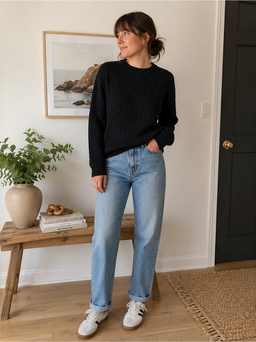 Black Cable Knit Crewneck Sweater Medium Cotton Blend Classic Preppy Women's M - Picture 2 of 6
